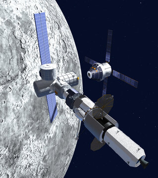 Orion spacecraft  arrives at the gateway station in orbit of the moon in illustration 3d