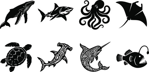 Stylized Marine Animal Silhouette Collection Featuring Whale Shark Octopus Turtle And Narwhal © MstMahurun