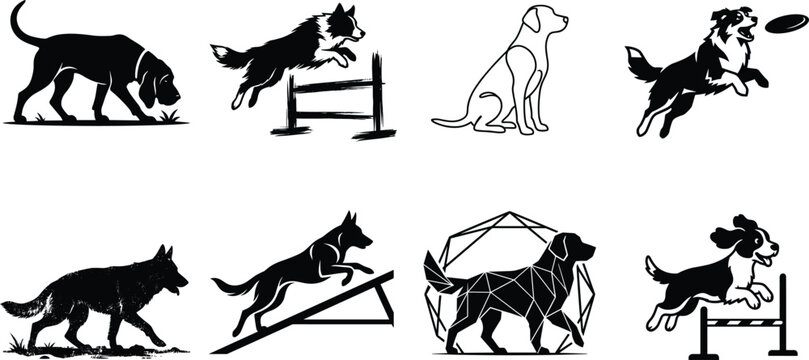 Set of dog silhouettes showing canine agility training jumping playing and running isolated on white background