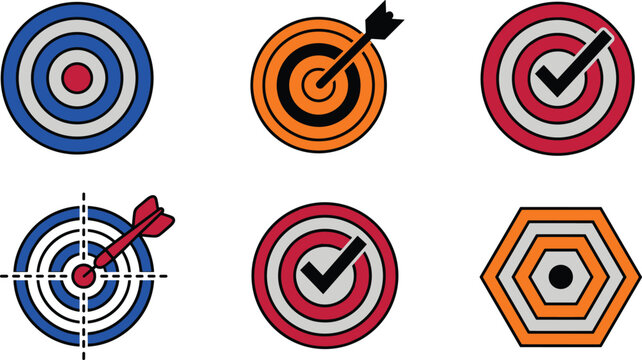 Business target and archery icon set with bullseye hit arrow checkmark success goal achievement and strategy vector elements