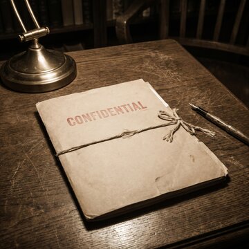 Vintage confidential file folder on dark wooden desk