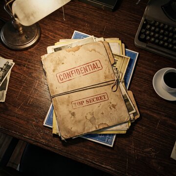 Vintage confidential file folder on dark wooden desk