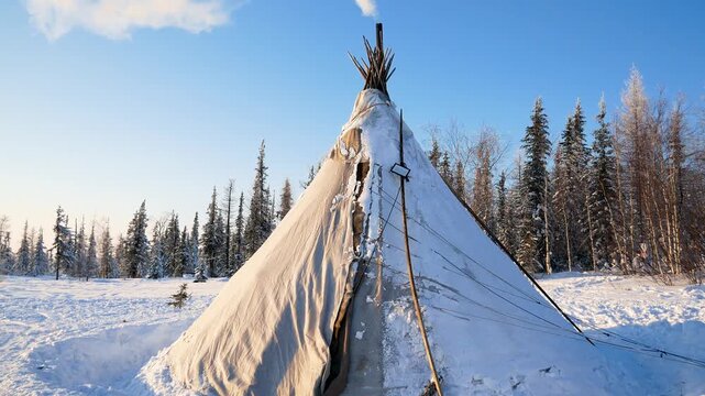 Traditional indigenous teepee standing in a beautiful, snowy winter landscape as smoke billows from its chimney. Against a clear blue sky and a dense forest of evergreen trees.