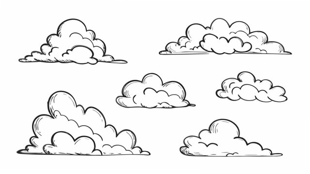 Seven cloud formations drawn in black ink a whimsical vector illustration on a white background