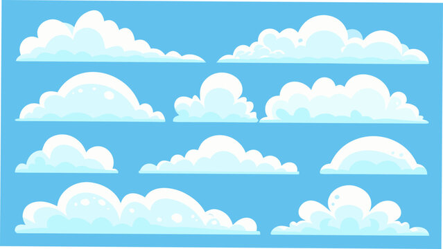 A collection of ten white clouds depicted in a flat vector illustration against a blue background