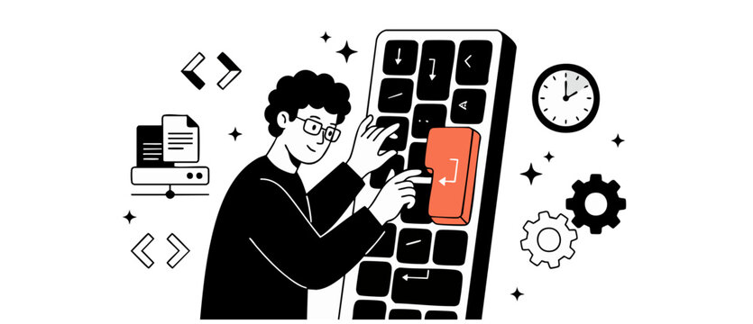 Software developer coding programmer typing on giant keyboard with computer server, clock, and gears, representing tech innovation, software development, productivity, and project management workflows