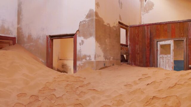 Abandoned house in Kolmanskop ghost town slowly filling with desert sand