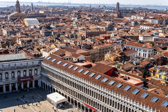 Aerial view of St Mark's Square arcades and rooftops, Venice, Italy