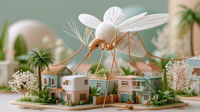 National Mosquito Control Awareness Week: 3D render of a giant stylized mosquito model floating above a miniature suburban neighborhood, soft studio lighting