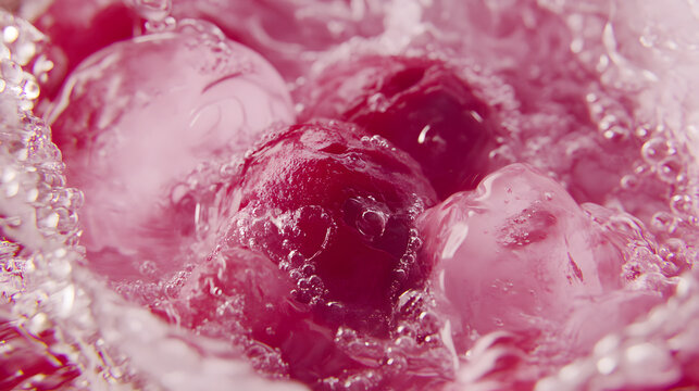Macro Shot of Fresh Red Cherries with Ice Cubes and Fizzy Pink Soda Splash for Refreshing Summer Drink Concept