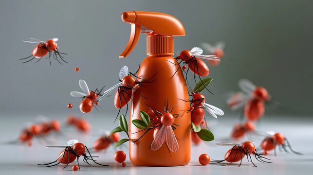 National Mosquito Control Awareness Week: 3D render of an oversized mosquito repellent spray bottle surrounded by tiny 3D mosquito icons, glossy plastic material, soft studio lighting
