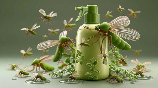 National Mosquito Control Awareness Week: 3D render of an oversized mosquito repellent spray bottle surrounded by tiny 3D mosquito icons, glossy plastic material, soft studio lighting