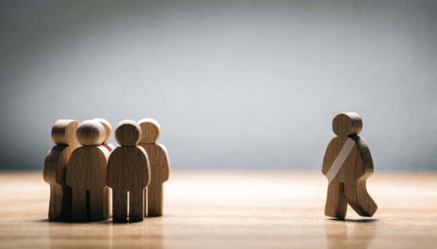Lone wooden figurine walking away from group during soft spotlight concept for individuality
