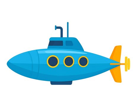 Cartoon blue submarine with periscope and windows.