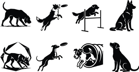 Obraz premium Black Silhouette Icons of Dogs in Agility Training, Play, Obedience, and Active Poses