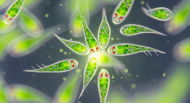 Star shaped green microorganism floating in dark space