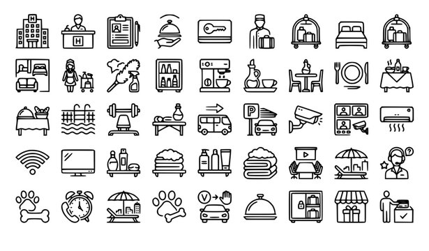 Premium Hotel Services Outline Icon Collection with Guest Amenities Hospitality and Travel Symbols