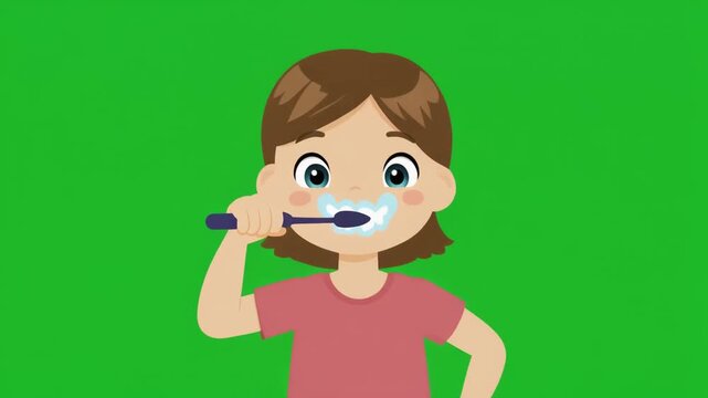 Vector illustration of a little girl brushing her teeth with foam, dental care concept icon isolated on green screen