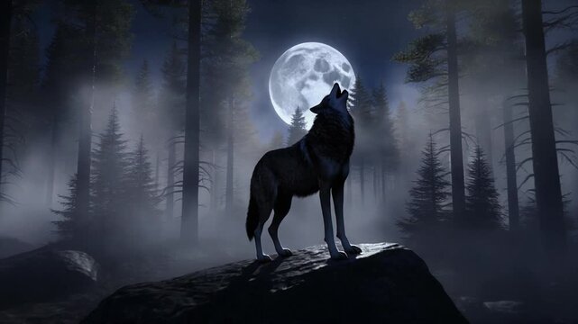 Howling Wolf Silhouette Under Full Moon in Misty Forest Night Landscape Vector Icon Illustration