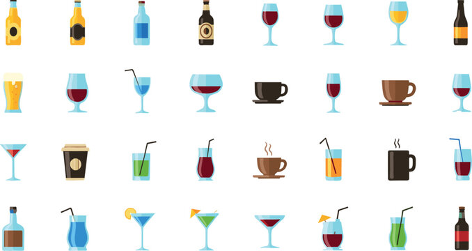Alcohol Drinks and Cocktails Icon Set Featuring Beer Bottles, Wine Glasses, Champagne Flutes, Hot Coffee Mugs, and Refreshing Beverages for Bar Menu Designs