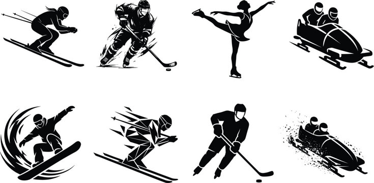 Black Silhouette Icons of Winter Sports Including Skiing, Snowboarding, Hockey, Figure Skating, and Bobsledding