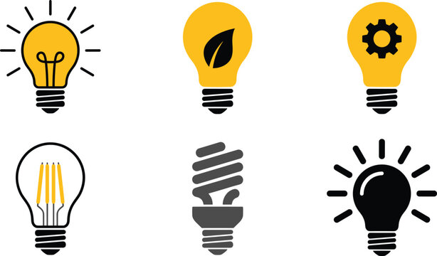 Light bulb icon set with creative idea green energy leaf innovation gear led and fluorescent lamp vector elements