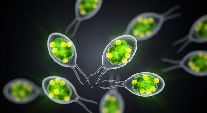 Microscopic protists swimming in dark background