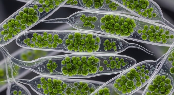 Microscopic view of plant cells with chloroplasts