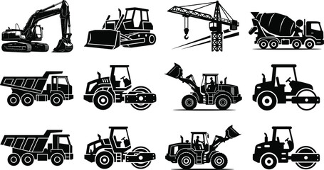 Heavy construction machinery black silhouettes collection featuring excavator bulldozer dump truck and crane on white background © MdMenhajul