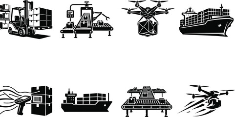 Obraz premium Logistics and Smart Warehouse Vector Icon Set Featuring Conveyor Belts Delivery Drones Forklift and Cargo Ships