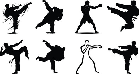 Martial arts vector silhouette icon set with fighters executing karate judo boxing and kickboxing movements © MdMenhajul