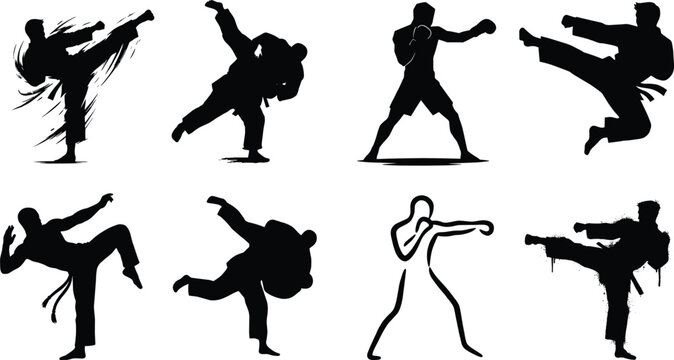 Martial arts vector silhouette icon set with fighters executing karate judo boxing and kickboxing movements