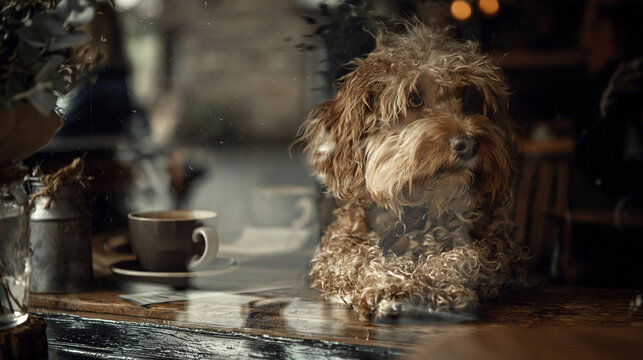 Dog sitting by coffee cup with a reflective window backdrop. Dog looking out from caf window