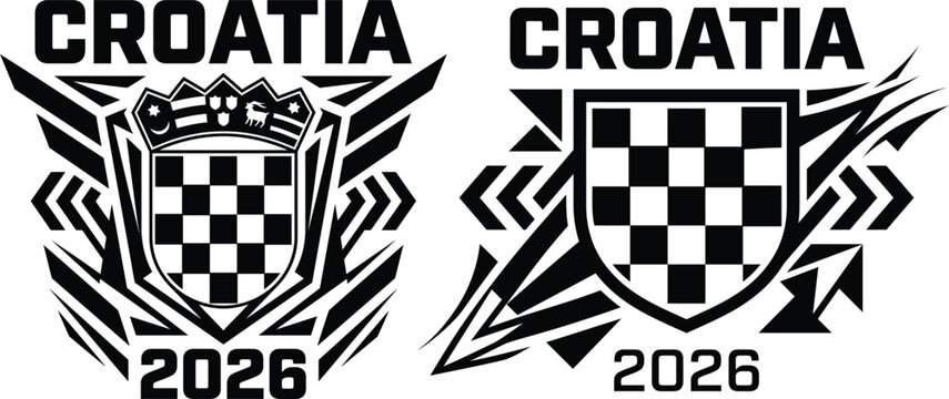 Two modern Croatian shield emblems with abstract geometric patterns and dates
