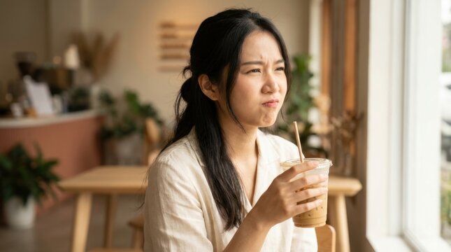Woman grimaces while drinking beverage near window in cafe, looking displeased and unhappy.