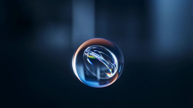Slow motion dolly in of glass sphere floating and rotating toward viewer in dark blue studio close up