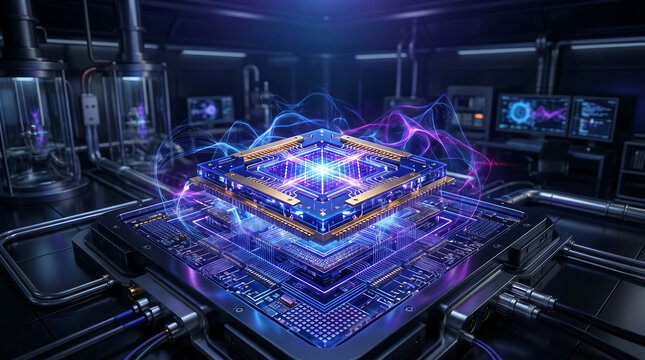 Advanced central processing unit chip glowing with blue and purple light energy inside a tech laboratory server environment