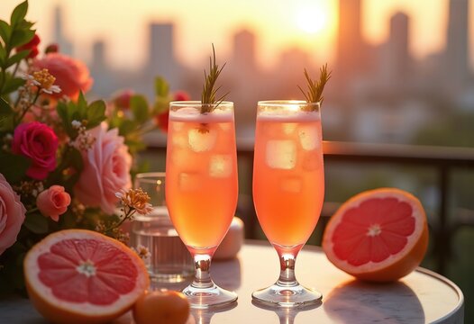 Chic Rooftop Brunch Setting Pink Grapefruit Mimosa Delicately Crafted Bubbly Layers at Elegant Outdoor Venue