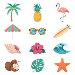 Obraz premium Summer beach vacation icons set isolated on transparent background