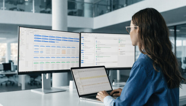 Woman programmer analyzing data on multiple monitors in a modern office environment during daytime