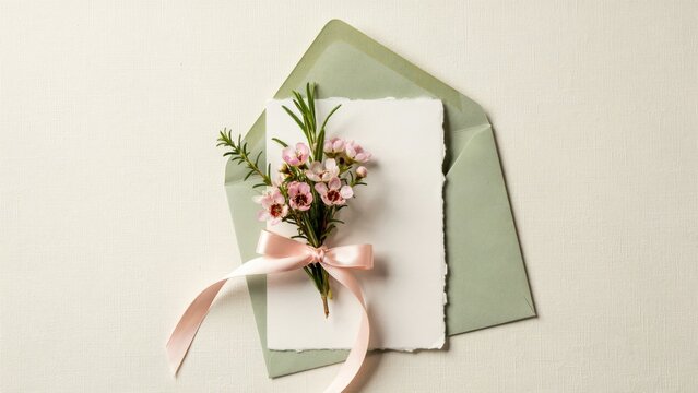 Blank deckle edge card with pink flowers and sage green envelope