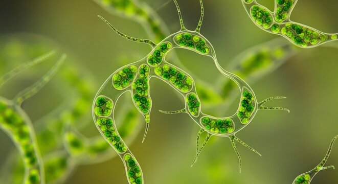 Filamentous algae strands under microscopic examination