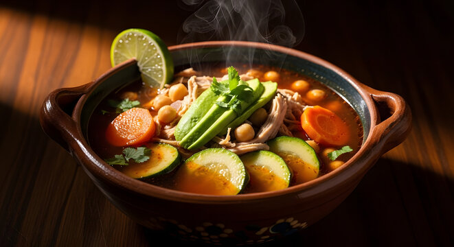 Mexican soup with chicken and avocado steams in a rustic clay bowl on a dark wooden table.