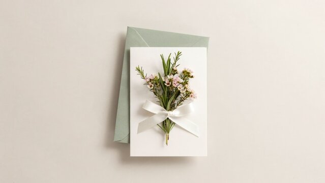 White greeting card with waxflower bouquet and sage green envelope