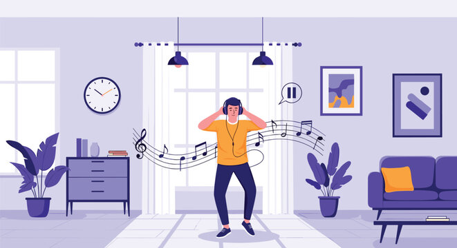 Happy young man wearing headphones and dancing to favorite music playlist in cozy modern purple living room.