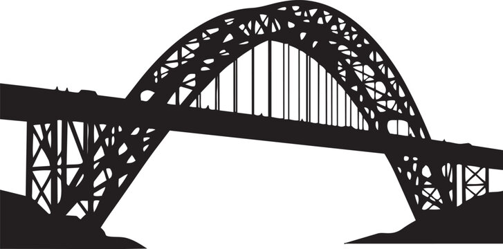 Black silhouette of a large steel arch bridge structure