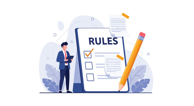 Professional businessman standing next to a giant clipboard with rules list and a large pencil in a clean flat illustration.