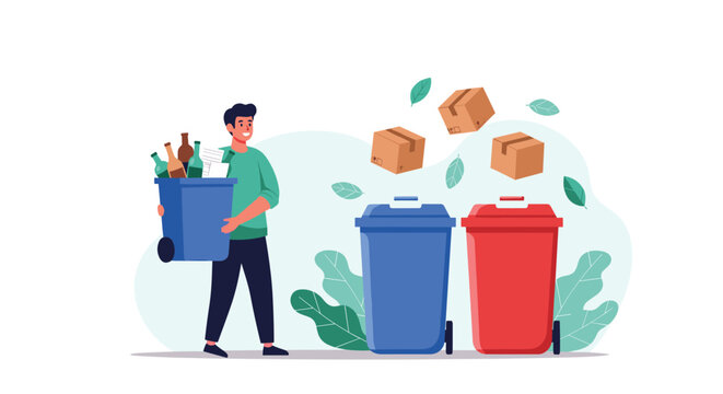 Environmental volunteer sorting waste into separate recycling bins by throwing cardboard boxes and bottles into appropriate containers.