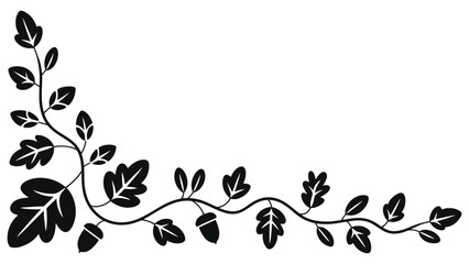 Autumn Vine Corner Ornament with Oak Leaves and Acorns. Minimalist Black and White Floral Border Frame, Fall Foliage Silhouette Graphic Element for Thanksgiving, Wedding, and Invitation Design. © Tanver
