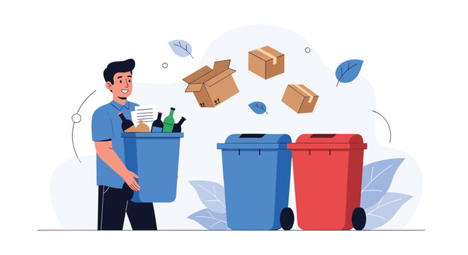 Environmentally friendly man holding blue waste bin with glass bottles next to large garbage recycling containers.